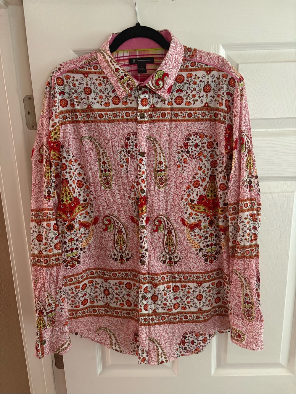 INC 100% cotton boho button up long sleeve blouse top paisley pink red XL - Picture 1 of 3